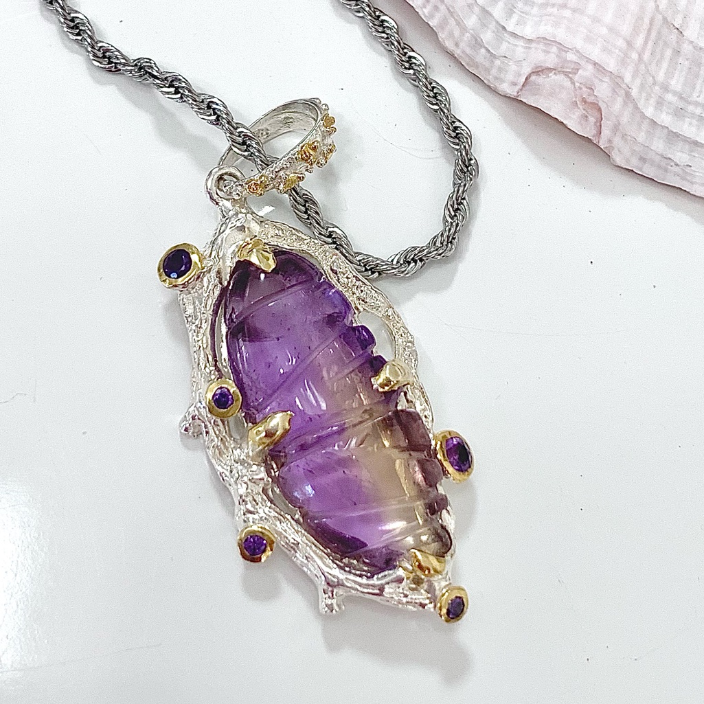 Artist Designed Ametrine Woodland Sterling Silver & 14kt Gold Pendant